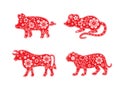 Pig, rat, bull and tiger, mouse, cow. Chinese Horoscope animal set 2019, 2020, 2021 and 2022 years. Flower decorative element.