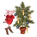 A pig in a red sweater with a fur-tree toy will dress up a Christmas tree standing on a stool. Christmas. Isolated