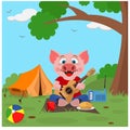 Pig resting in the woods with a tent and a guitar. Vector illustration on the theme of the campaign Royalty Free Stock Photo