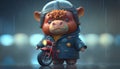 Pig riding a motorcycle in the rain. 3D illustration.