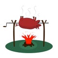 A whole pig is roasting over a fire on a rotisserie on bonfire with firewood on white background. Vector isolated drawing. 