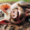 A pig is rolling in the mud with its eyes closed and a smile on its face. Royalty Free Stock Photo