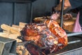 The pig`s leg on the grill, roast, Prague Royalty Free Stock Photo