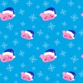 Pig with santa cap seamless pattern with snowflakes on blue background