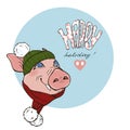 Pig in scarf and hat and lettering