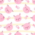 Pig seamless pattern. Piglet faces wallpaper, cute pigs avatars. Cartoon baby fabric print design, funny piggy pink