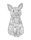 Pig, simbol of New Year 2019 in zentangle inspired doodle style isolated on white. Coloring book page for adult and