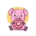 The pig is sitting and eating a big doughnut full of messes