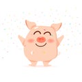 Pig smiles, celebrate with confetti paper falling, cute and funny cartoon characters, Chinese New Year, year of the pig on white