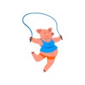 Pig in sport uniform jumping with skipping rope, funny sportive wild animal character doing sports vector Illustration