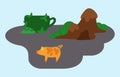 Pig standing near the mountain with a cave and big green cup of grass vector flat illustration