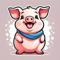 A Pig Standing Up With Its Tongue Open And Smiling Wearing A Blue Scarf