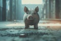A pig statue sitting on the ground in front of a window. Suitable for various design projects Royalty Free Stock Photo