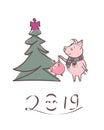 Pig in a striped scarf, near the tree. Happy new year - lettering quote. Christmas card, poster, t-shirt composition, hand drawn s