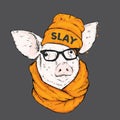 Pig in a stylish hat, glasses and a scarf. Vector