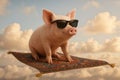 Pig in sunglasses flying on a carpet airplane in the sky Royalty Free Stock Photo