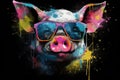 pig in sunglasses realistic with paint splatter abstract Generative AI