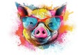 pig in sunglasses realistic with paint splatter abstract Generative AI