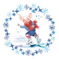 Pig in sweater on skates. 2019 Chinese New Year of the Pig. Christmas greeting card. Watercolor snowflakes round frame. Royalty Free Stock Photo
