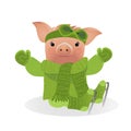 Pig in sweater on skates. 2019 Chinese New Year of the Pig. Christmas greeting card Royalty Free Stock Photo