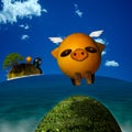 Pig taking off in flight from island Royalty Free Stock Photo