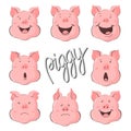 Pig vector character constructor of emotions. Portrait of a pig set. Piglet head with emotion. Cute piggy happy laughter