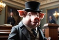 Pig wearing derby hat and greatcoat. Generative AI Royalty Free Stock Photo