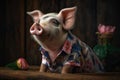 Pig wearing a flower print shirt, in the style of photorealistic portraits, tropical symbolism with a dark background. Generative