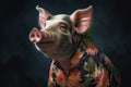 Pig wearing a flower print shirt, in the style of photorealistic portraits, tropical symbolism with a dark background. Generative