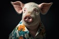 Pig wearing a flower print shirt, in the style of photorealistic portraits, tropical symbolism with a dark background. Generative