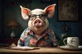 Pig wearing a flower print shirt, in the style of photorealistic portraits, tropical symbolism with a dark background. Generative