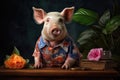 Pig wearing a flower print shirt, in the style of photorealistic portraits, tropical symbolism with a dark background. Generative