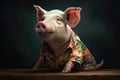Pig wearing a flower print shirt, in the style of photorealistic portraits, tropical symbolism with a dark background. Generative