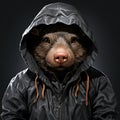 Hyperrealistic Illustration Of A Cheeky Pig In A Hooded Jacket