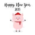 Pig Wearing Red Hat, Scarf. Happy New Year. Chinise Symbol Of 2019. Snowflake On Tongue. Cute Cartoon Funny Character. Flat Design