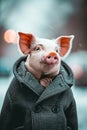 Pig wearing scarf outside in the snow. Generative AI Royalty Free Stock Photo