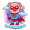 A pig wearing superhero costume and stand on cloud Royalty Free Stock Photo