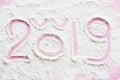 Pig and 2019 year. Cute pig nose drawn on flour or snow and 2019