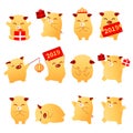 2019 Pig Year flat cartoon characters traditional oriental chinese zodiac sign pigs set.Chinese lanterns,Funny asian mascot charac Royalty Free Stock Photo
