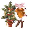 A pig in a yellow sweater with a fur-tree toy will dress up a Christmas tree standing on a stool. Christmas. Isolated