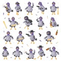 Pigeon Bandit Character with Bat and Handgun Smoking Cigarette and with Alcohol Bottle Vector Set