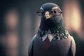Pigeon business portrait dressed as a manager or ceo in a formal office business suit with glasses and tie. Ai generated