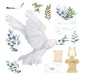 Pigeon and olive Antique Post set clip art digital drawing watercolor bird fly peace dove for wedding celebration Royalty Free Stock Photo