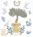 Pigeon and olive tree Antique Post set clip art digital drawing watercolor bird fly peace dove for wedding celebration Royalty Free Stock Photo