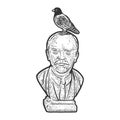 Pigeon dove on Lenin statue line art sketch vector