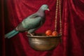 pigeon drinking water from a hanging bowl