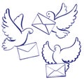 Pigeon with envelope, letter, set icon collection cartoon hand drawn vector illustration sketch Royalty Free Stock Photo