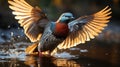 Pigeon in flight with spread wings on water surface at sunset