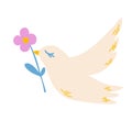 Pigeon with a flower. Peace Sign. Bird. Freedom. Flying pigeon with a flower in its beak. Vector cartoon illustration isolated on