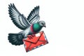 A pigeon flying with a postal envelope. Space for text.
